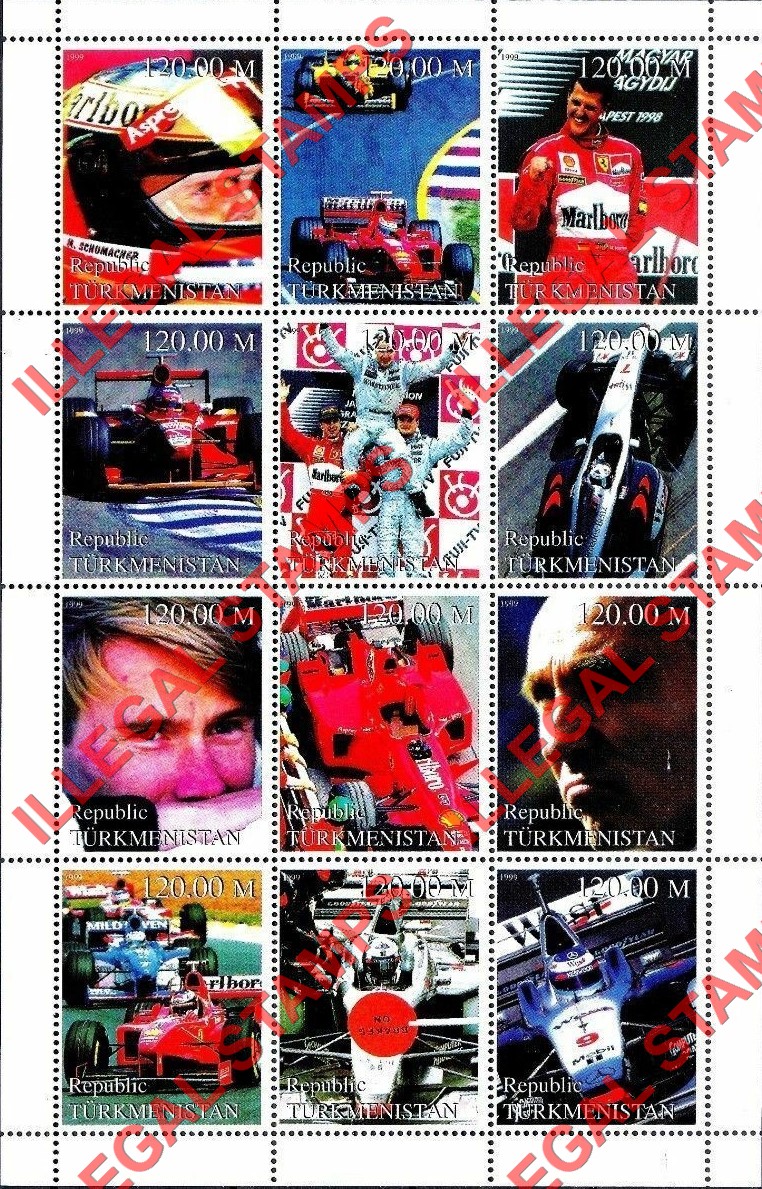 Turkmenistan 1999 Formula I Cars and Drivers Illegal Stamp Souvenir Sheet of 12 Turkmenistan 1999 Formula I Cars and Drivers Illegal Stamp Souvenir Sheet of 12