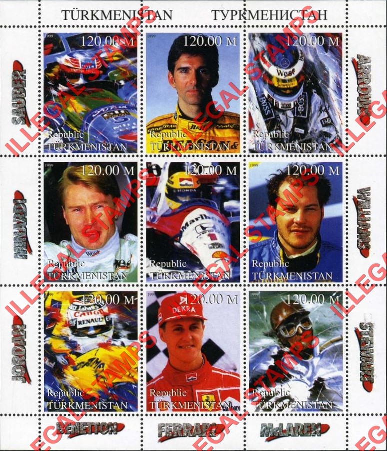 Turkmenistan 1999 Formula I Cars and Drivers Illegal Stamp Souvenir Sheet of 9 Turkmenistan 1999 Formula I Cars and Drivers Illegal Stamp Souvenir Sheet of 9