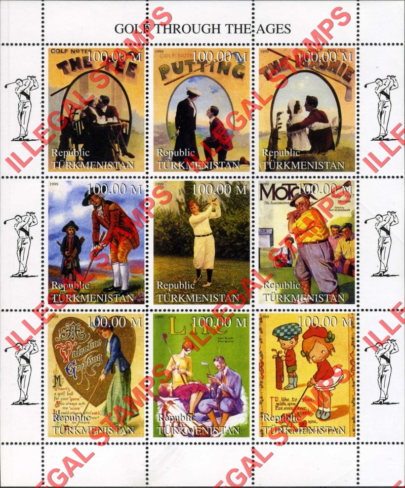 Turkmenistan 1999 Golf Through the Ages Illegal Stamp Souvenir Sheet of 9 Turkmenistan 1999 Golf Through the Ages Illegal Stamp Souvenir Sheet of 9