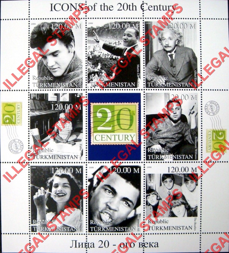 Turkmenistan 1999 Icons of the 20th Century Illegal Stamp Souvenir Sheets of 8 Plus 20th Century Label (Sheet 1) Turkmenistan 1999 Icons of the 20th Century Illegal Stamp Souvenir Sheets of 8 Plus 20th Century Label (Sheet 1)