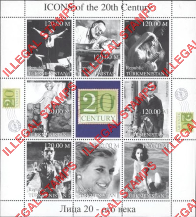 Turkmenistan 1999 Icons of the 20th Century Illegal Stamp Souvenir Sheets of 8 Plus 20th Century Label (Sheet 2) Turkmenistan 1999 Icons of the 20th Century Illegal Stamp Souvenir Sheets of 8 Plus 20th Century Label (Sheet 2)