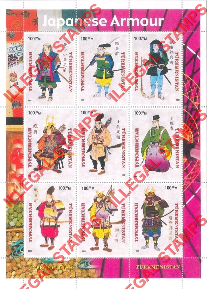 Turkmenistan 1999 Japanese Armor Spelled Armour Illegal Stamp Souvenir Sheet of 9 Turkmenistan 1999 Japanese Armor Spelled Armour Illegal Stamp Souvenir Sheet of 9