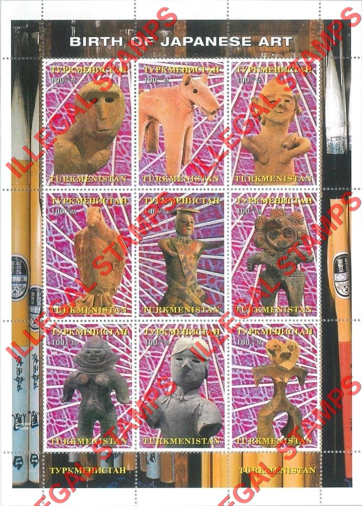 Turkmenistan 1999 Japanese Art Illegal Stamp Souvenir Sheet of 9 Turkmenistan 1999 Japanese Art Illegal Stamp Souvenir Sheet of 9