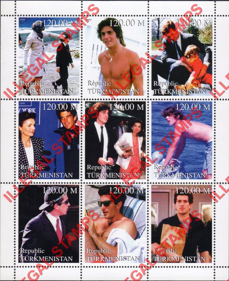 Turkmenistan 1999 John Kennedy Jr. Illegal Stamp Souvenir Sheets of 9 (Sheet 2) Turkmenistan 1999 John Kennedy Jr. Illegal Stamp Souvenir Sheets of 9 (Sheet 2)