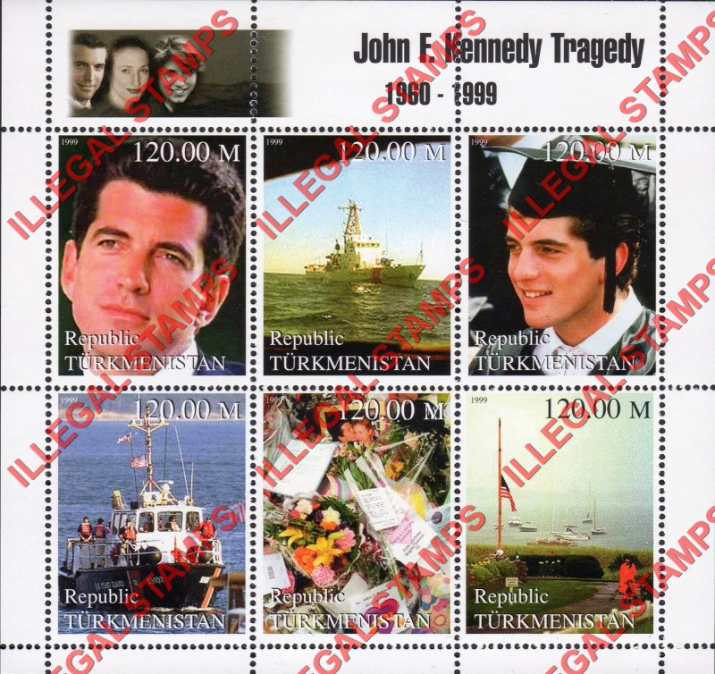 Turkmenistan 1999 John Kennedy Jr. Tragedy Illegal Stamp Souvenir Sheet of 6 Turkmenistan 1999 John Kennedy Jr. Tragedy Illegal Stamp Souvenir Sheet of 6