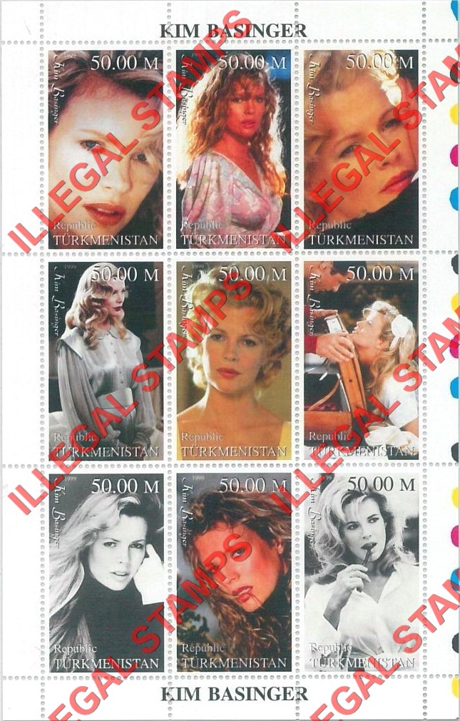 Turkmenistan 1999 Kim Basinger Illegal Stamp Souvenir Sheet of 9 Turkmenistan 1999 Kim Basinger Illegal Stamp Souvenir Sheet of 9