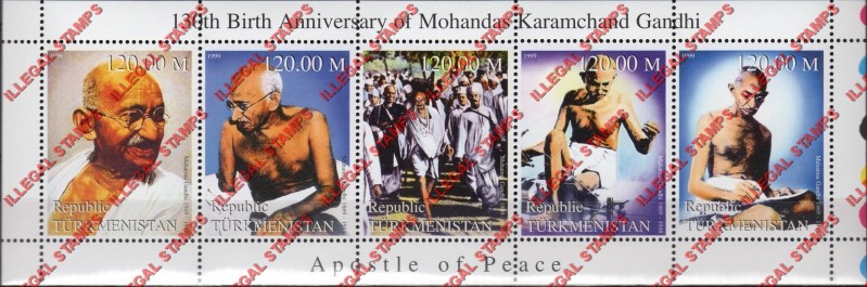 Turkmenistan 1999 Mahatma Gandhi Illegal Stamp Souvenir Sheet of 5 Turkmenistan 1999 Mahatma Gandhi Illegal Stamp Souvenir Sheet of 5