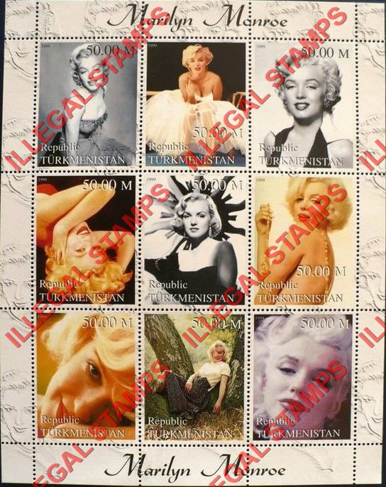 Turkmenistan 1999 Marilyn Monroe Illegal Stamp Souvenir Sheet of 9 Turkmenistan 1999 Marilyn Monroe Illegal Stamp Souvenir Sheet of 9