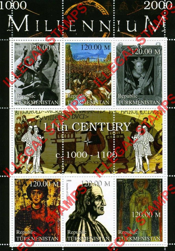 Turkmenistan 1999 Millenium Series 11th Century Illegal Stamp Souvenir Sheet of 6 Turkmenistan 1999 Millenium Series 11th Century Illegal Stamp Souvenir Sheet of 6