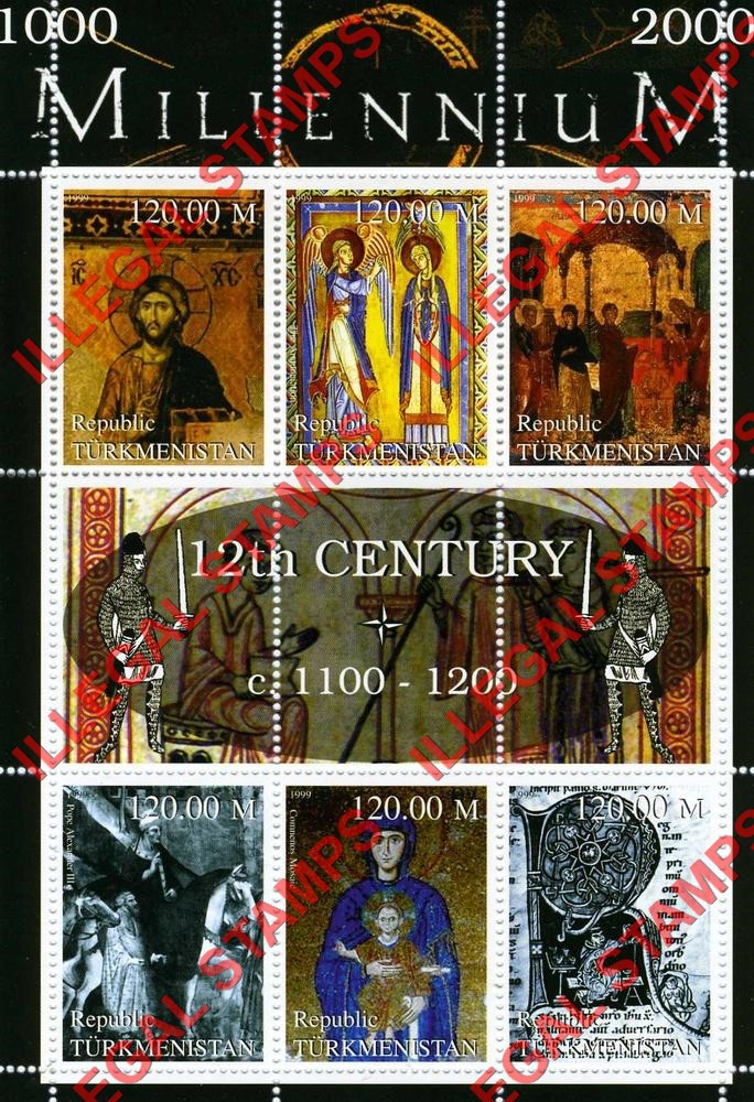Turkmenistan 1999 Millenium Series 12th Century Illegal Stamp Souvenir Sheet of 6 Turkmenistan 1999 Millenium Series 12th Century Illegal Stamp Souvenir Sheet of 6