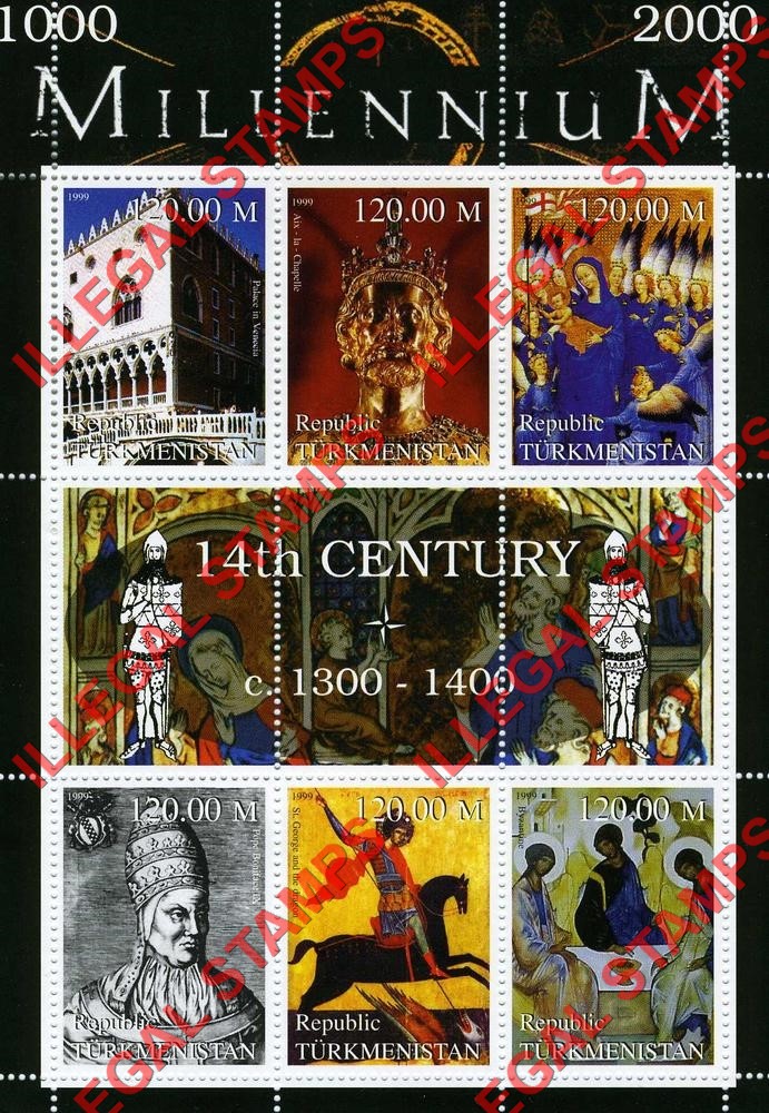 Turkmenistan 1999 Millenium Series 14th Century Illegal Stamp Souvenir Sheet of 6 Turkmenistan 1999 Millenium Series 14th Century Illegal Stamp Souvenir Sheet of 6