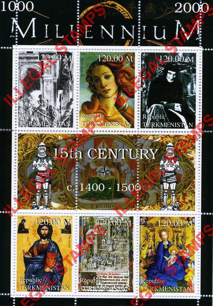 Turkmenistan 1999 Millenium Series 15th Century Illegal Stamp Souvenir Sheet of 6 Turkmenistan 1999 Millenium Series 15th Century Illegal Stamp Souvenir Sheet of 6