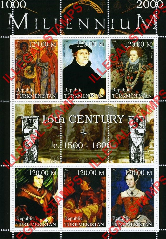 Turkmenistan 1999 Millenium Series 16th Century Illegal Stamp Souvenir Sheet of 6 Turkmenistan 1999 Millenium Series 16th Century Illegal Stamp Souvenir Sheet of 6