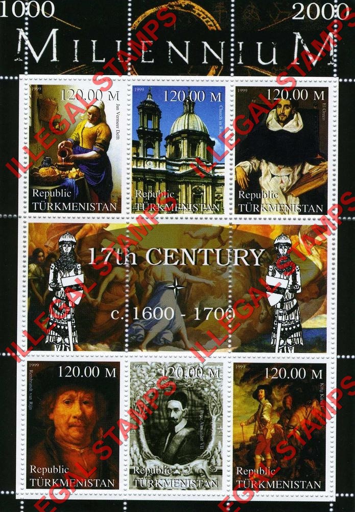 Turkmenistan 1999 Millenium Series 17th Century Illegal Stamp Souvenir Sheet of 6 Turkmenistan 1999 Millenium Series 17th Century Illegal Stamp Souvenir Sheet of 6