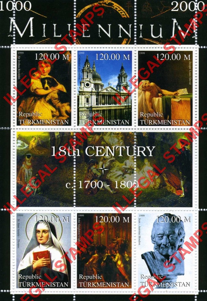 Turkmenistan 1999 Millenium Series 18th Century Illegal Stamp Souvenir Sheet of 6 Turkmenistan 1999 Millenium Series 18th Century Illegal Stamp Souvenir Sheet of 6