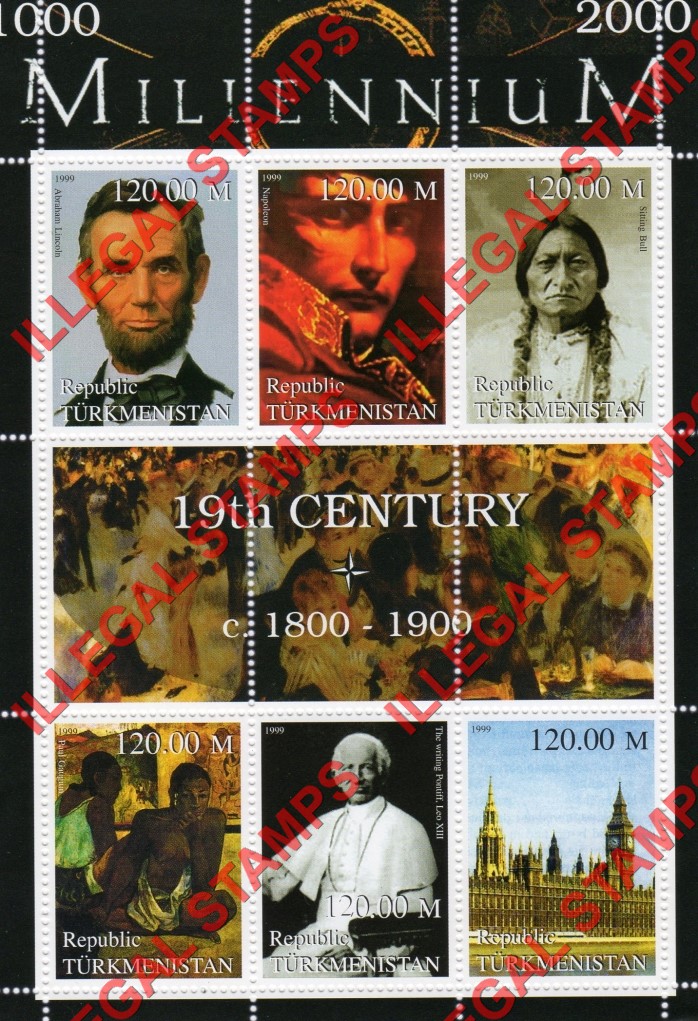 Turkmenistan 1999 Millenium Series 19th Century Illegal Stamp Souvenir Sheet of 6 Turkmenistan 1999 Millenium Series 19th Century Illegal Stamp Souvenir Sheet of 6
