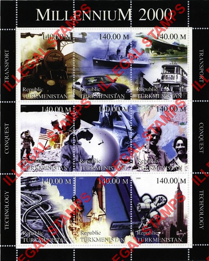 Turkmenistan 1999 Millenium 2000 Series Illegal Stamp Souvenir Sheet of 9 (Sheet 1) Turkmenistan 1999 Millenium 2000 Series Illegal Stamp Souvenir Sheet of 9 (Sheet 1)