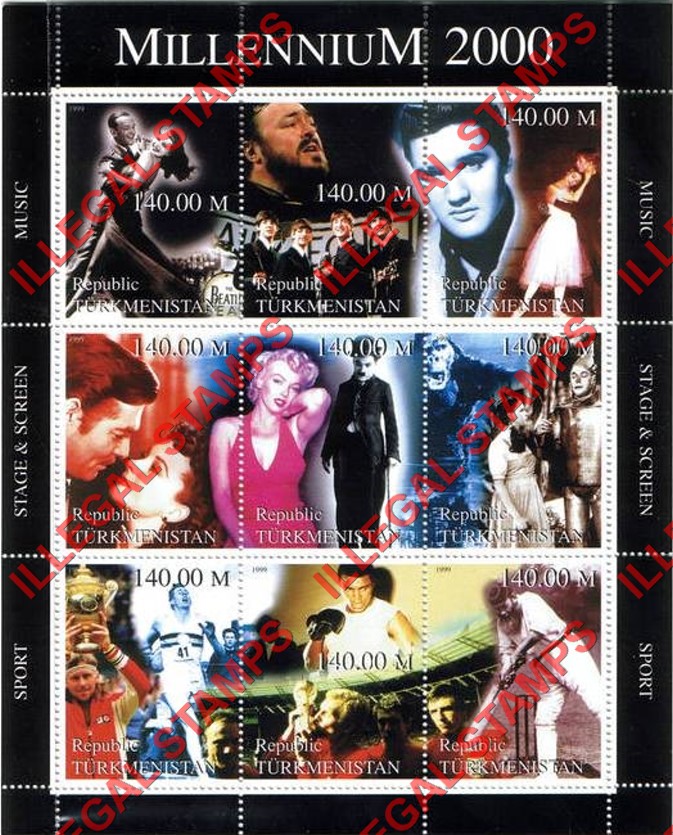 Turkmenistan 1999 Millenium 2000 Series Illegal Stamp Souvenir Sheet of 9 (Sheet 2) Turkmenistan 1999 Millenium 2000 Series Illegal Stamp Souvenir Sheet of 9 (Sheet 2)