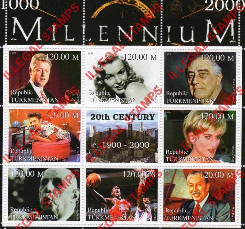 Turkmenistan 1999 Millenium Series 20th Century Illegal Stamp Souvenir Sheet of 6 (Sheet 1) Turkmenistan 1999 Millenium Series 20th Century Illegal Stamp Souvenir Sheet of 6 (Sheet 1)