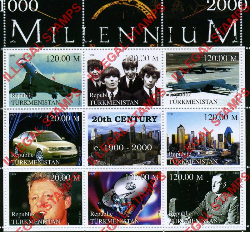 Turkmenistan 1999 Millenium Series 20th Century Illegal Stamp Souvenir Sheet of 6 (Sheet 2) Turkmenistan 1999 Millenium Series 20th Century Illegal Stamp Souvenir Sheet of 6 (Sheet 2)