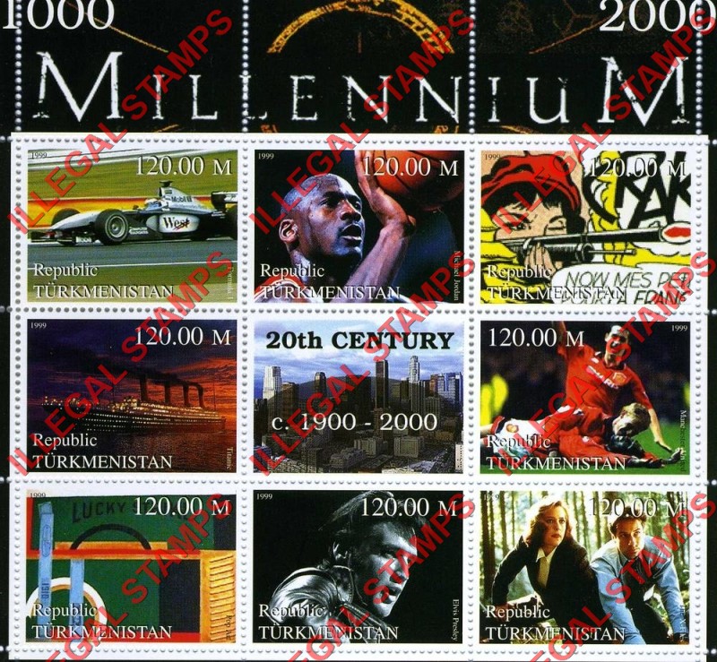 Turkmenistan 1999 Millenium Series 20th Century Illegal Stamp Souvenir Sheet of 6 (Sheet 3) Turkmenistan 1999 Millenium Series 20th Century Illegal Stamp Souvenir Sheet of 6 (Sheet 3)