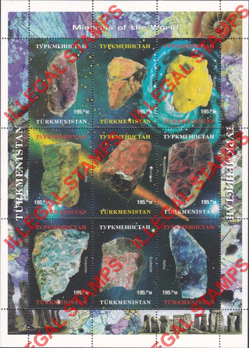 Turkmenistan 1999 Minerals Illegal Stamp Souvenir Sheet of 9 Turkmenistan 1999 Minerals Illegal Stamp Souvenir Sheet of 9
