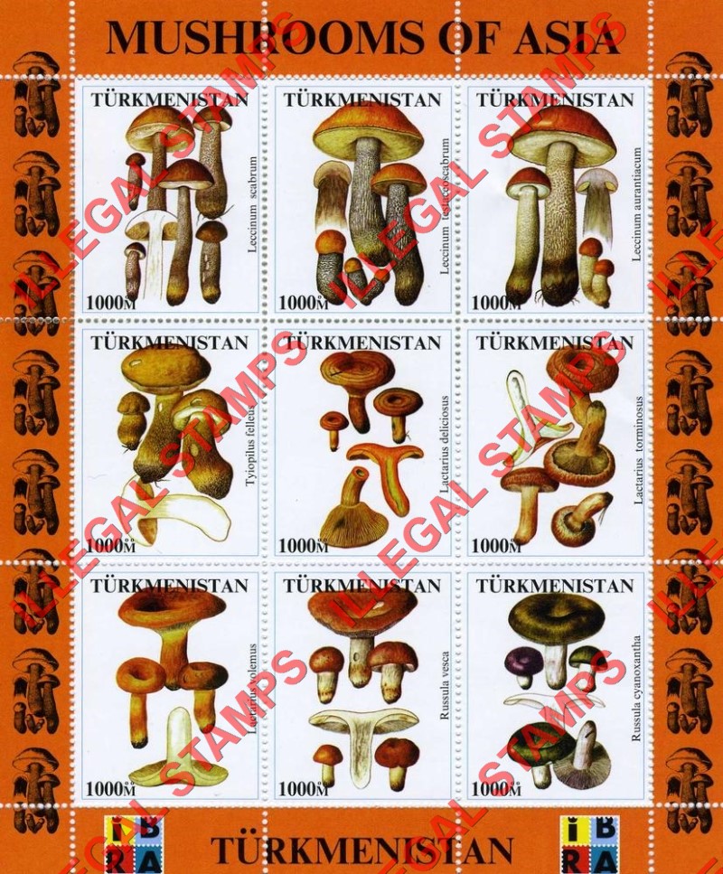 Turkmenistan 1999 Mushrooms of Asia with IBRA logo Illegal Stamp Souvenir Sheets of 9 (Sheet 1) Turkmenistan 1999 Mushrooms of Asia with IBRA logo Illegal Stamp Souvenir Sheets of 9 (Sheet 1)