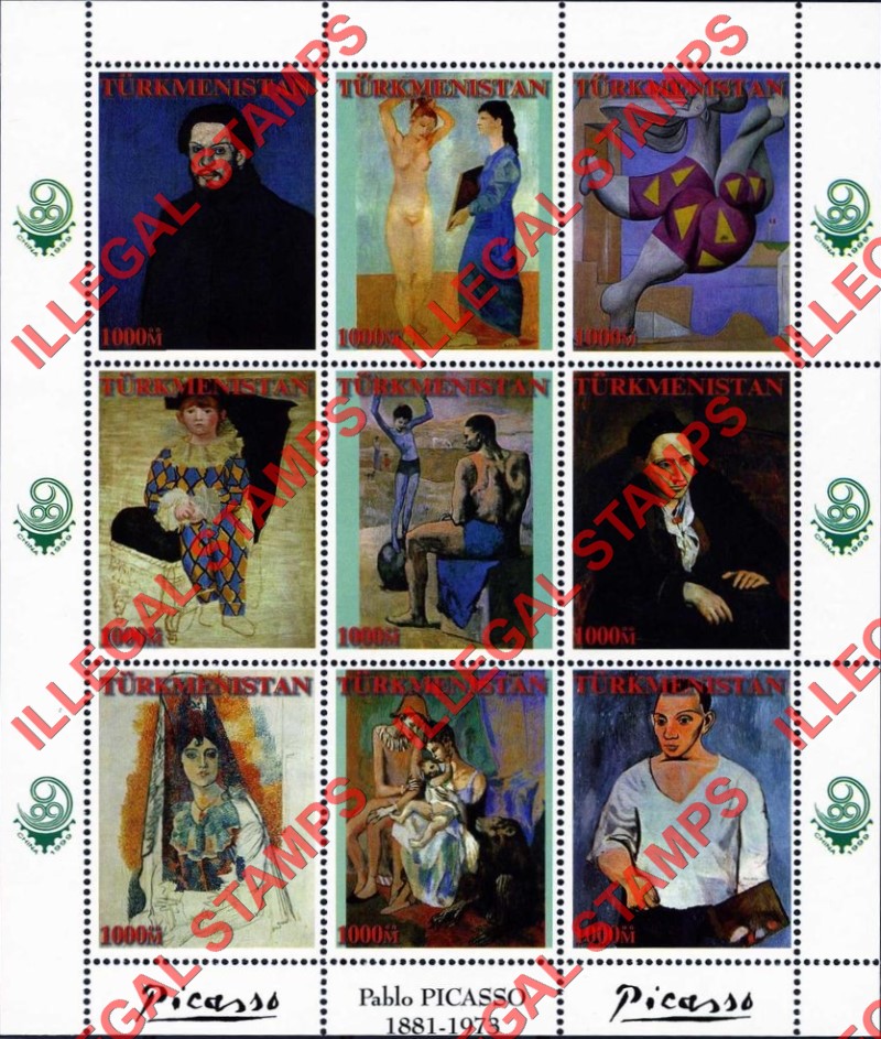 Turkmenistan 1999 Paintings by Picasso Illegal Stamp Souvenir Sheets of 9 (Sheet 1) Turkmenistan 1999 Paintings by Picasso Illegal Stamp Souvenir Sheets of 9 (Sheet 1)