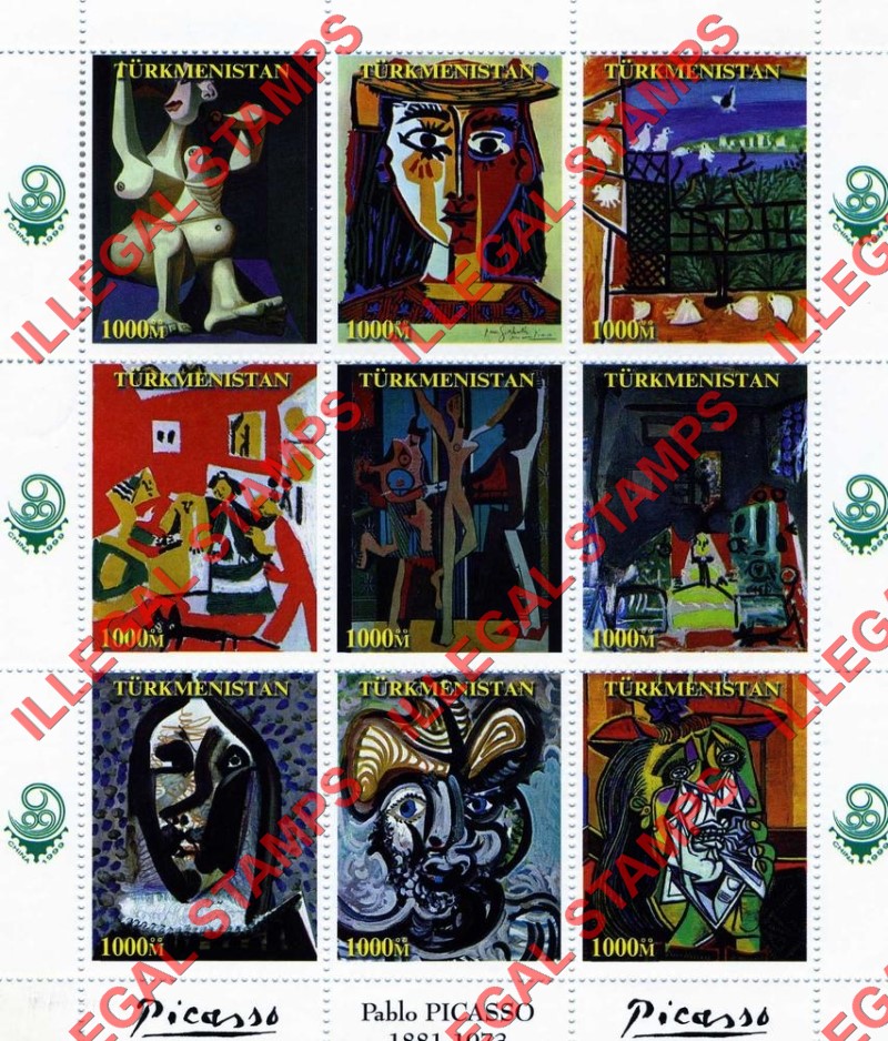 Turkmenistan 1999 Paintings by Picasso Illegal Stamp Souvenir Sheets of 9 (Sheet 2) Turkmenistan 1999 Paintings by Picasso Illegal Stamp Souvenir Sheets of 9 (Sheet 2)