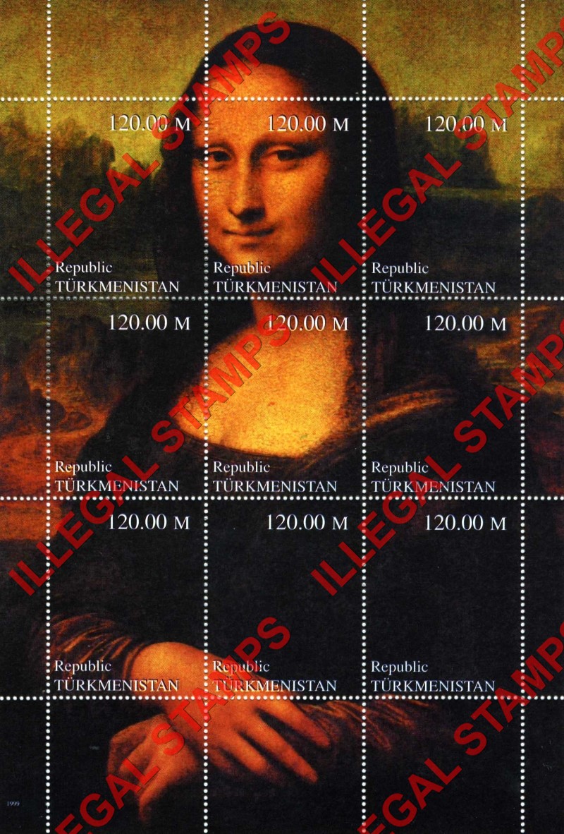 Turkmenistan 1999 Paintings Mona Lisa Illegal Stamp Souvenir Sheet of 9 Turkmenistan 1999 Paintings Mona Lisa Illegal Stamp Souvenir Sheet of 9