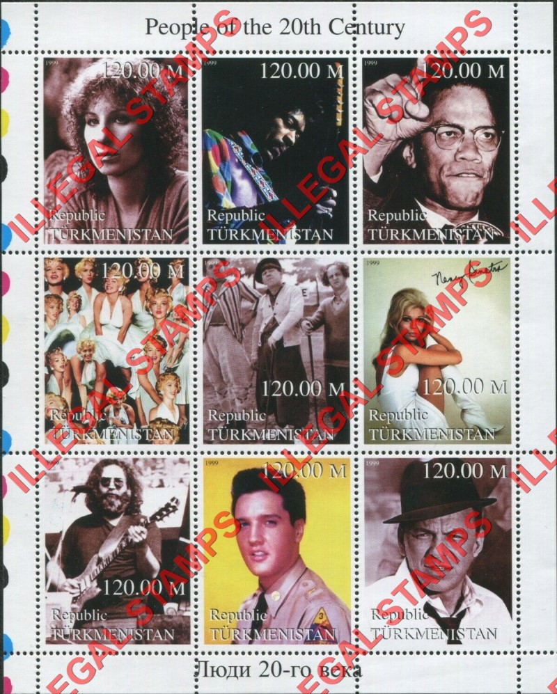 Turkmenistan 1999 People of the 20th Century Illegal Stamp Souvenir Sheet of 9 Turkmenistan 1999 People of the 20th Century Illegal Stamp Souvenir Sheet of 9