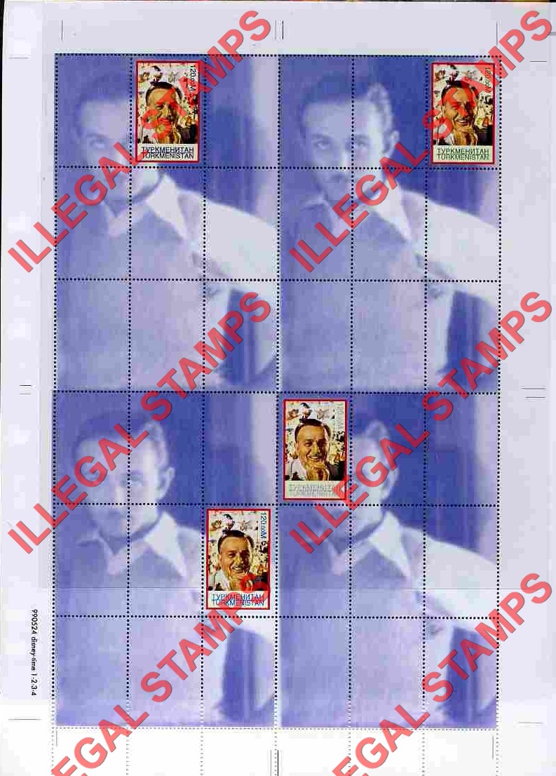 Turkmenistan 1999 Personalities Walt Disney Illegal Stamp Souvenir Sheets of 1 Turkmenistan 1999 Personalities Walt Disney Illegal Stamp Souvenir Sheets of 1