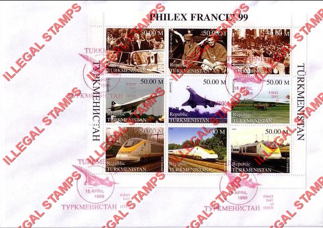 Turkmenistan 1999 PHILEX France Stamp Exhibition Illegal Stamp Souvenir Sheet of 9 on Fake First Day Cover Turkmenistan 1999 PHILEX France Stamp Exhibition Illegal Stamp Souvenir Sheet of 9 on Fake First Day Cover