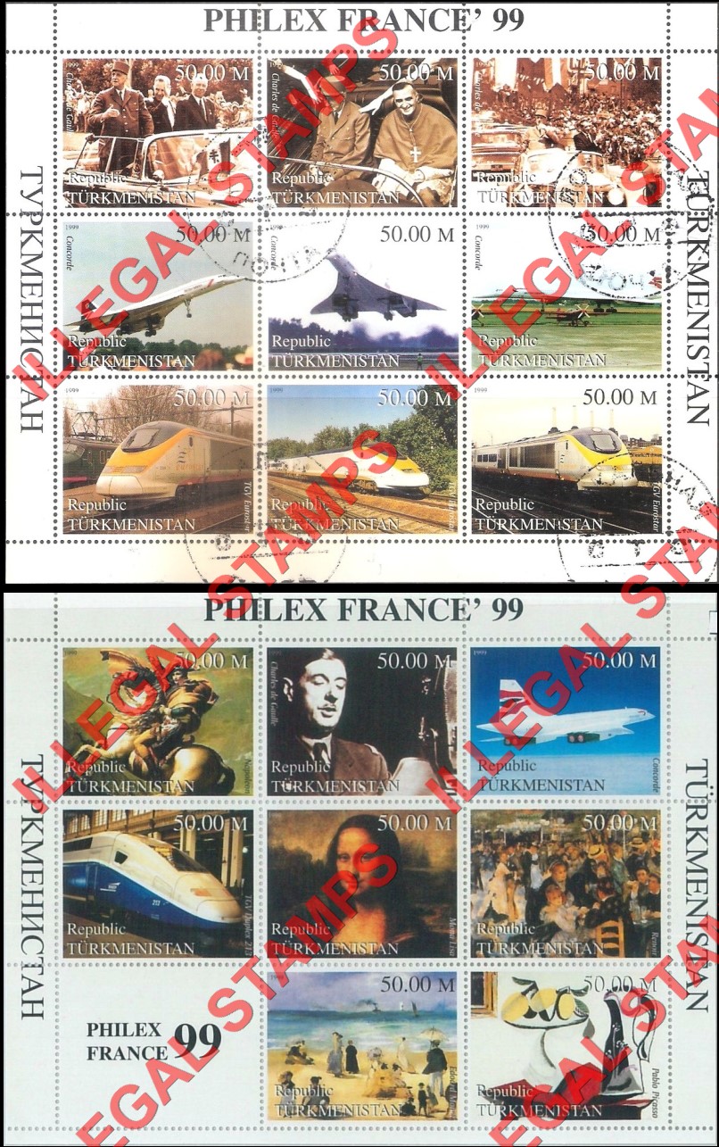 Turkmenistan 1999 PHILEX France Stamp Exhibition Illegal Stamp Souvenir Sheets of 9 Turkmenistan 1999 PHILEX France Stamp Exhibition Illegal Stamp Souvenir Sheets of 9