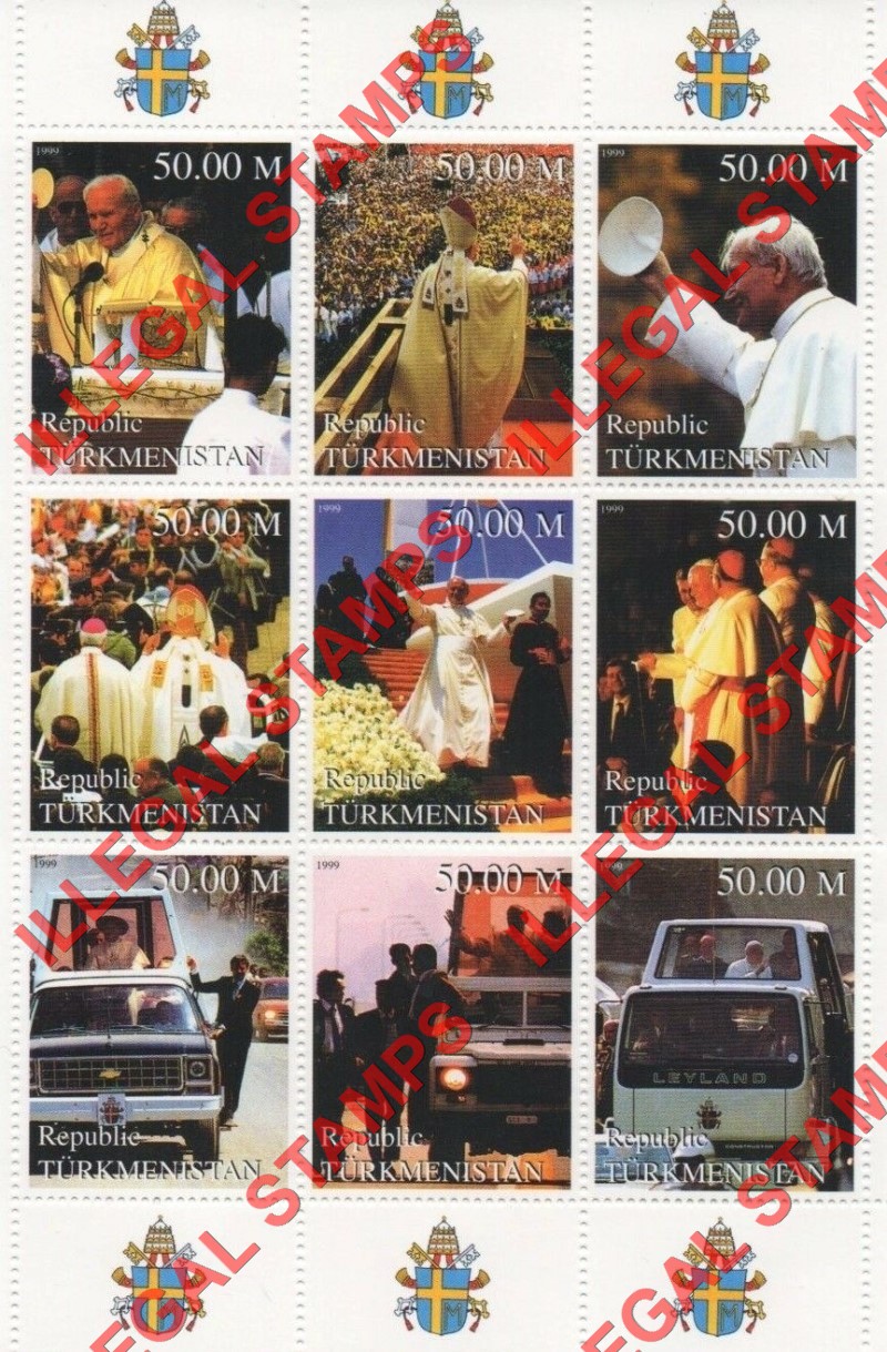 Turkmenistan 1999 Pope John Paul II Illegal Stamp Souvenir Sheet of 9 Turkmenistan 1999 Pope John Paul II Illegal Stamp Souvenir Sheet of 9