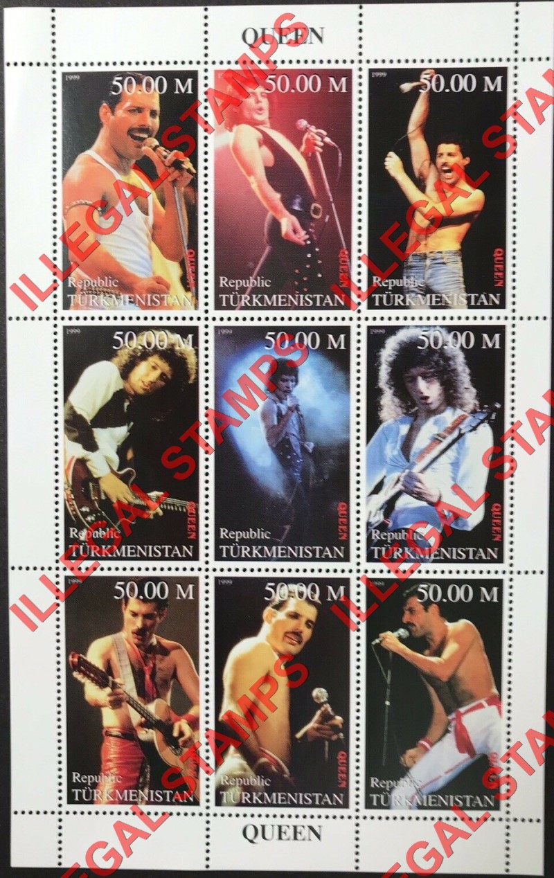 Turkmenistan 1999 Queen Freddie Mercury Illegal Stamp Souvenir Sheet of 9 Turkmenistan 1999 Queen Freddie Mercury Illegal Stamp Souvenir Sheet of 9