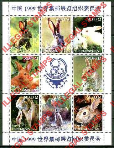 Turkmenistan 1999 Rabbits Illegal Stamp Souvenir Sheet of 8 Plus China Stamp Exhibition Label Turkmenistan 1999 Rabbits Illegal Stamp Souvenir Sheet of 8 Plus China Stamp Exhibition Label