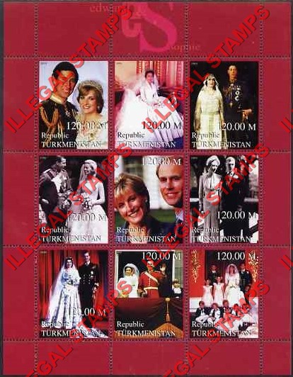 Turkmenistan 1999 Royal Weddings Illegal Stamp Souvenir Sheet of 9 Turkmenistan 1999 Royal Weddings Illegal Stamp Souvenir Sheet of 9