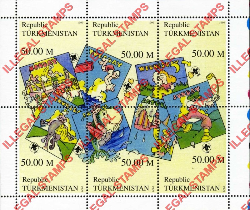 Turkmenistan 1999 Scouts Day Illegal Stamp Souvenir Sheet of 6 Turkmenistan 1999 Scouts Day Illegal Stamp Souvenir Sheet of 6