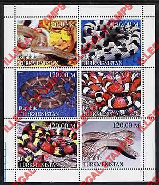 Turkmenistan 1999 Snakes Illegal Stamp Souvenir Sheet of 6 Turkmenistan 1999 Snakes Illegal Stamp Souvenir Sheet of 6
