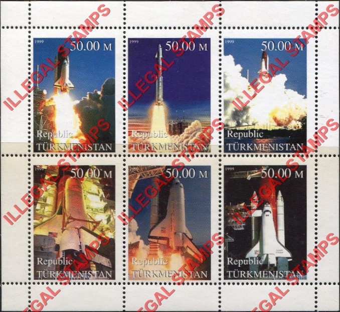 Turkmenistan 1999 Space Shuttle Illegal Stamp Souvenir Sheet of 6 Turkmenistan 1999 Space Shuttle Illegal Stamp Souvenir Sheet of 6