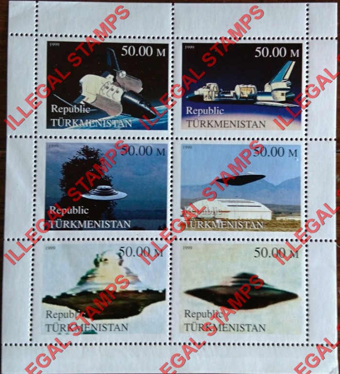 Turkmenistan 1999 Space UFO Flying Saucers Illegal Stamp Souvenir Sheet of 6 Turkmenistan 1999 Space UFO Flying Saucers Illegal Stamp Souvenir Sheet of 6