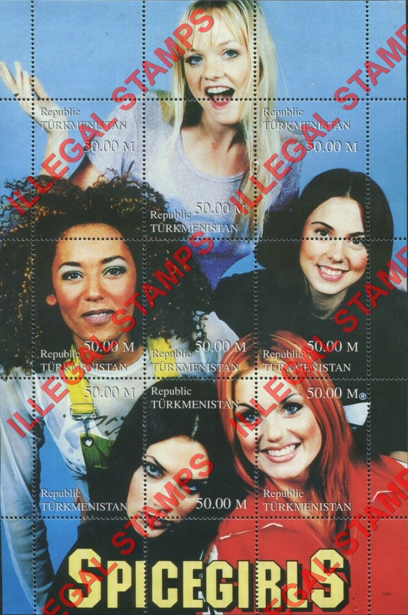 Turkmenistan 1999 Spicegirls Illegal Stamp Souvenir Sheet of 9 Turkmenistan 1999 Spicegirls Illegal Stamp Souvenir Sheet of 9