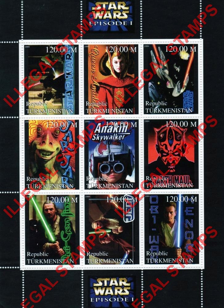 Turkmenistan 1999 Star Wars Episode I Illegal Stamp Souvenir Sheet of 9 Turkmenistan 1999 Star Wars Episode I Illegal Stamp Souvenir Sheet of 9