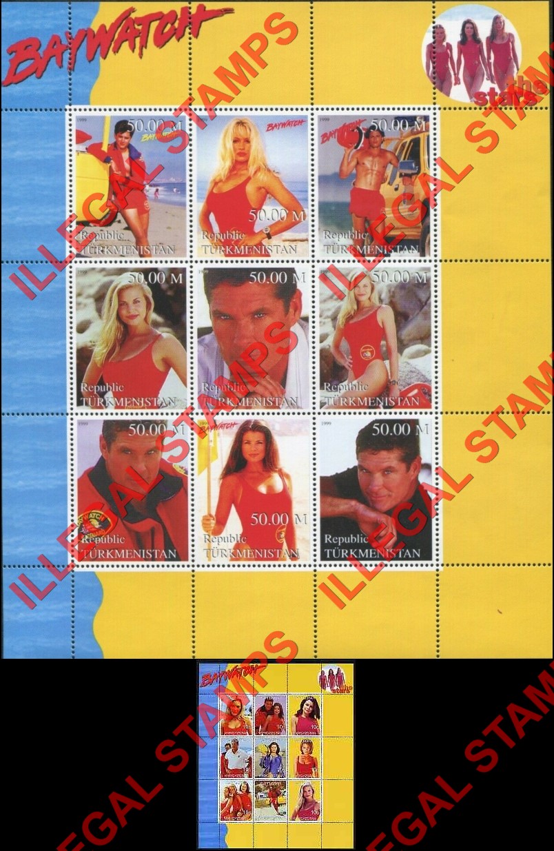 Turkmenistan 1999 Stars of Baywatch Illegal Stamp Souvenir Sheets of 9 Turkmenistan 1999 Stars of Baywatch Illegal Stamp Souvenir Sheets of 9