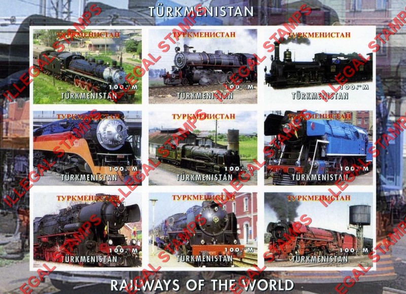 Turkmenistan 1999 Steam Locomotives Trains Illegal Stamp Souvenir Sheet of 9 Turkmenistan 1999 Steam Locomotives Trains Illegal Stamp Souvenir Sheet of 9