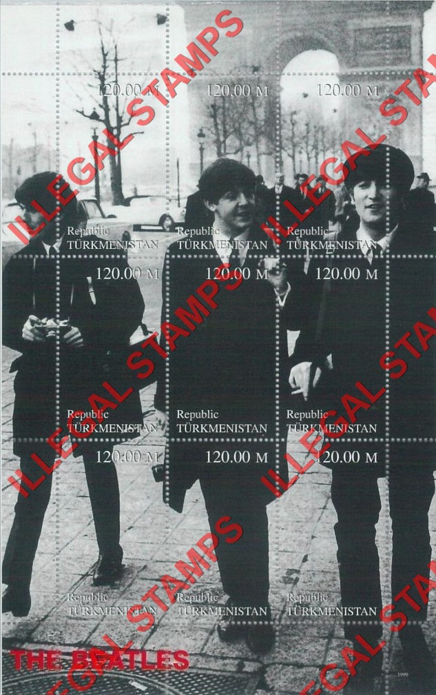 Turkmenistan 1999 The Beatles Illegal Stamp Souvenir Sheet of 9 Turkmenistan 1999 The Beatles Illegal Stamp Souvenir Sheet of 9