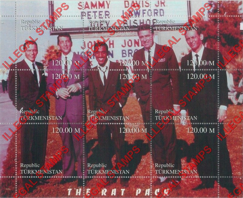 Turkmenistan 1999 The Rat Pack Illegal Stamp Souvenir Sheet of 9 Turkmenistan 1999 The Rat Pack Illegal Stamp Souvenir Sheet of 9