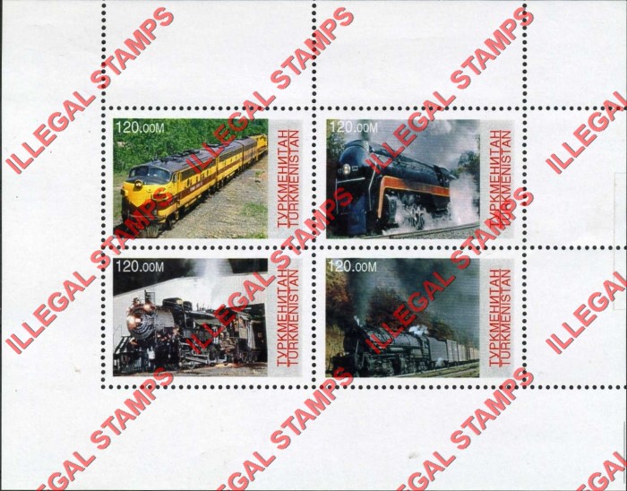 Turkmenistan 1999 Trains Illegal Stamp Souvenir Sheet of 4 Turkmenistan 1999 Trains Illegal Stamp Souvenir Sheet of 4
