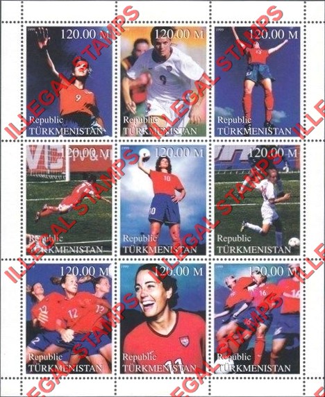 Turkmenistan 1999 Women's Soccer Football Illegal Stamp Souvenir Sheet of 9 Turkmenistan 1999 Women's Soccer Football Illegal Stamp Souvenir Sheet of 9